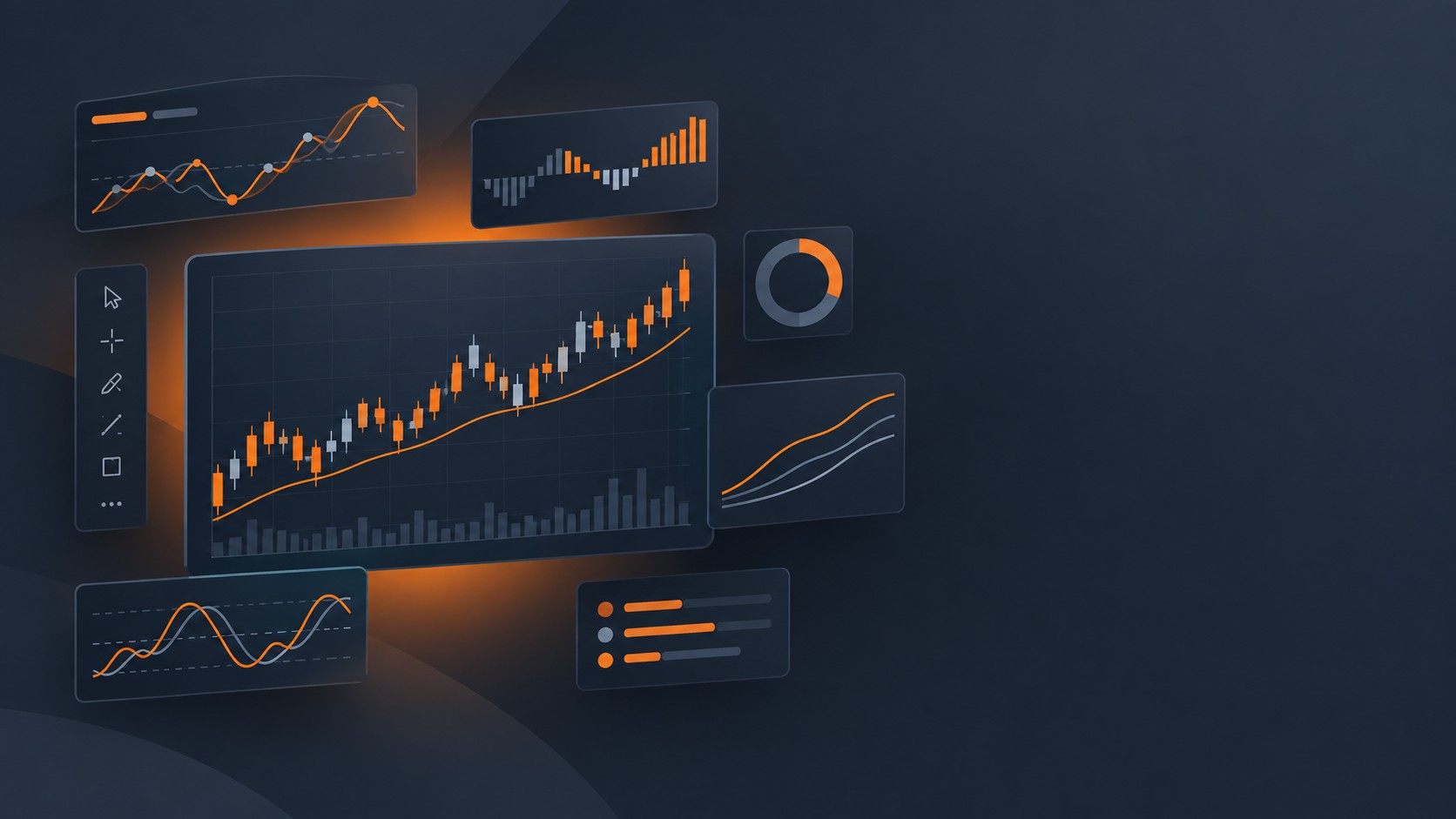 Set of charting tools and indicators floating around a chart