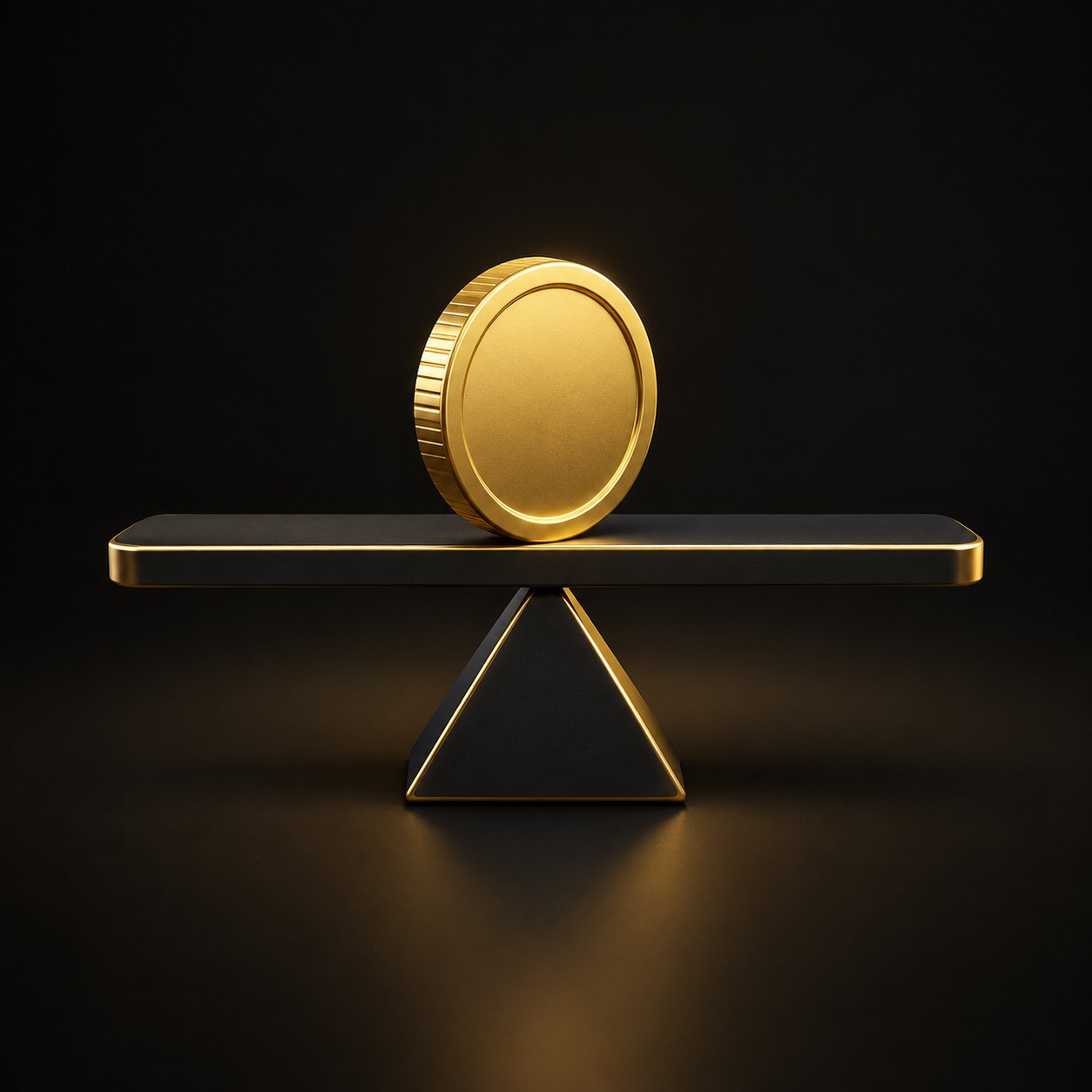 Coin resting perfectly level on a balance beam with a flat price line