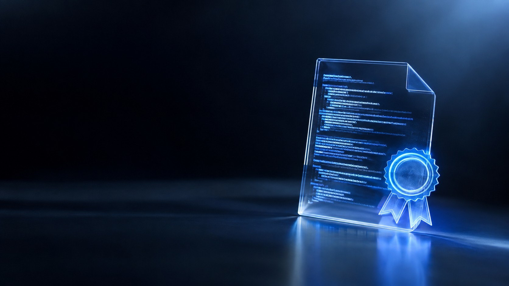 Transparent document made of code lines sealed with a glowing stamp