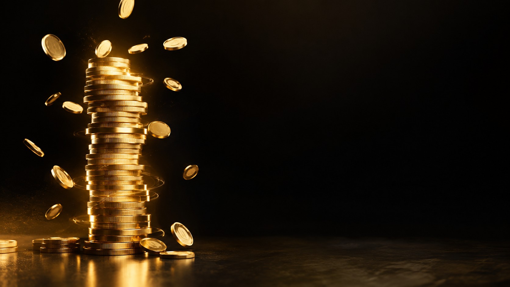 Coins stacked into a glowing tower that emits small reward coins